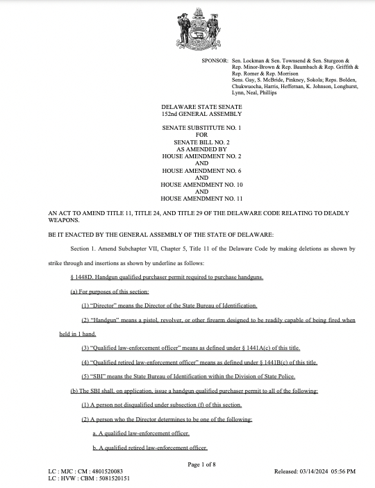 Delaware permit to purchase bill