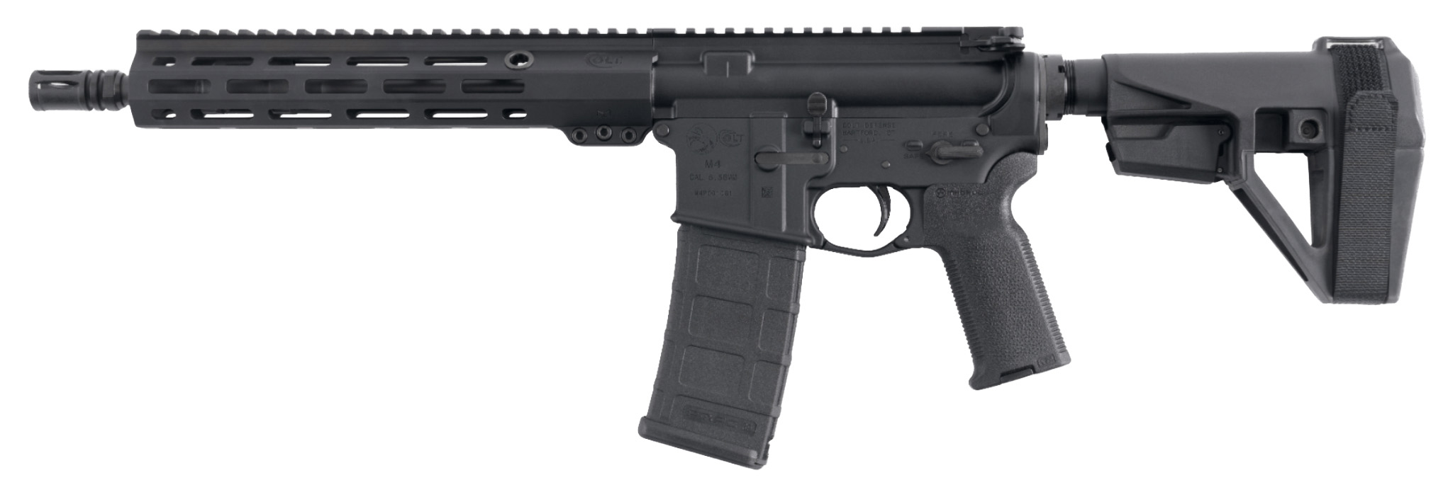 Colt Mfg M4P6930 M4 5.56 NATO 30+1 10.30" Black Phosphate Barrel, Black Anodized Aluminum Receiver w/Picatinny Rail, M-LOK Handguard, Black Synthetic SB Tactical SBA5 Brace, Black Polymer Grip